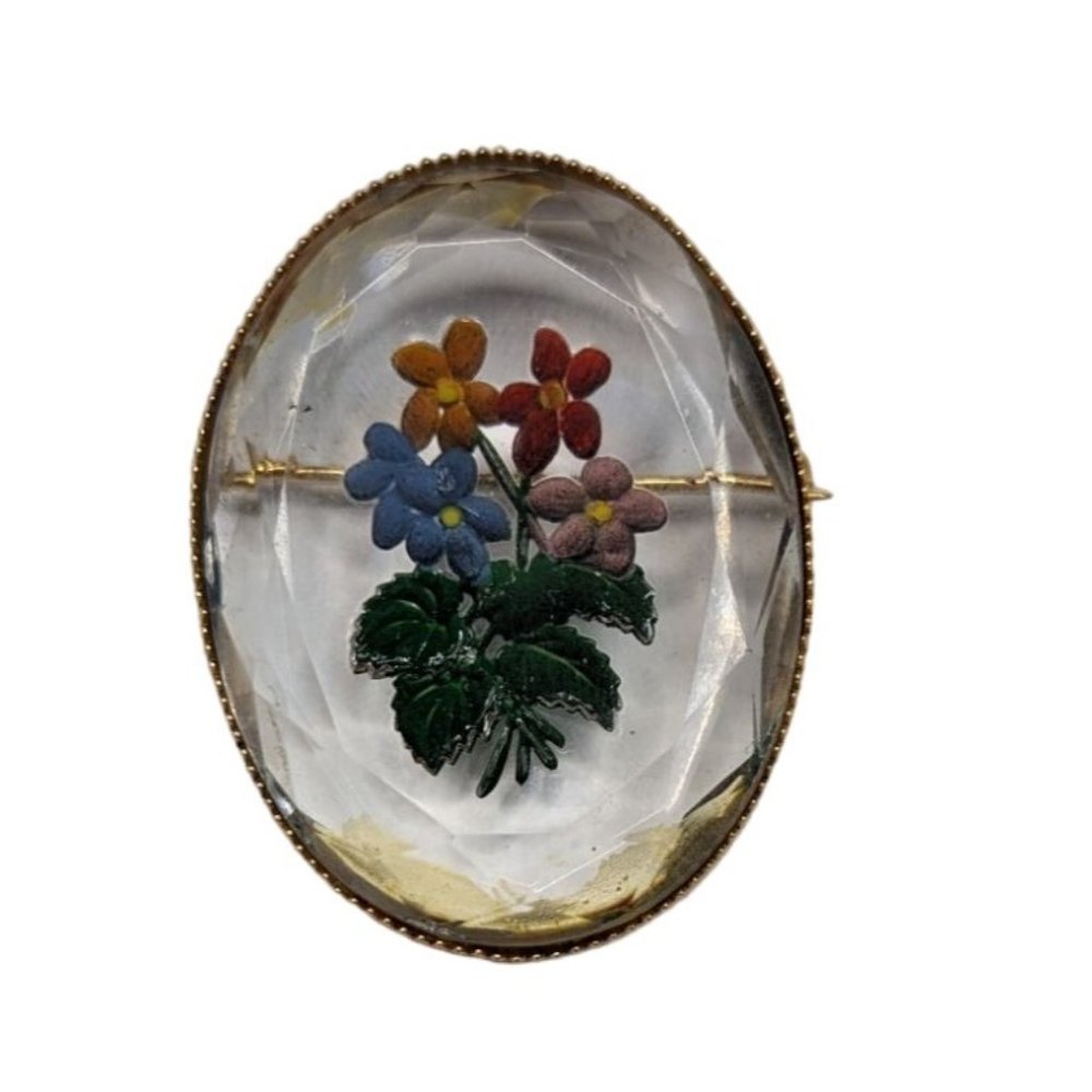 VTG Reverse Painted Intaglio Glass Floral Violets Oval‎ Gold Tone Pin 2 inch